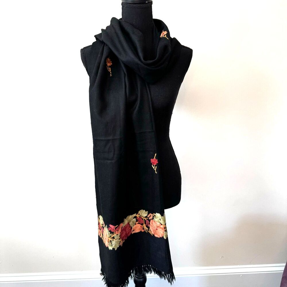 Black Wool Shawl with Floral Embroidery Stitching and Fringed Ends